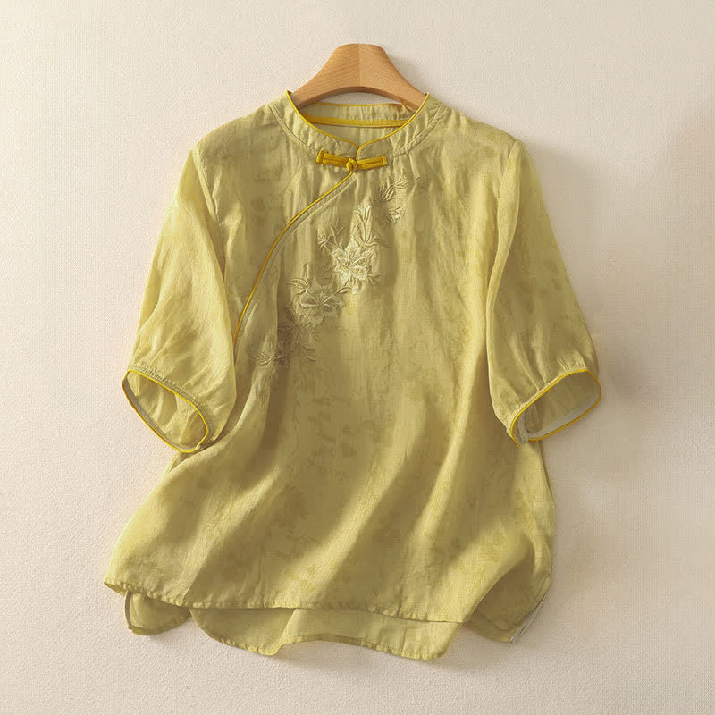 Buddha Stones Chemise à manches courtes pour femme, style Tang, broderie florale, col mandarin, couleur unie - kaki - US8-10，UK/AU12-14，EU40-42 (2XL) - image 0