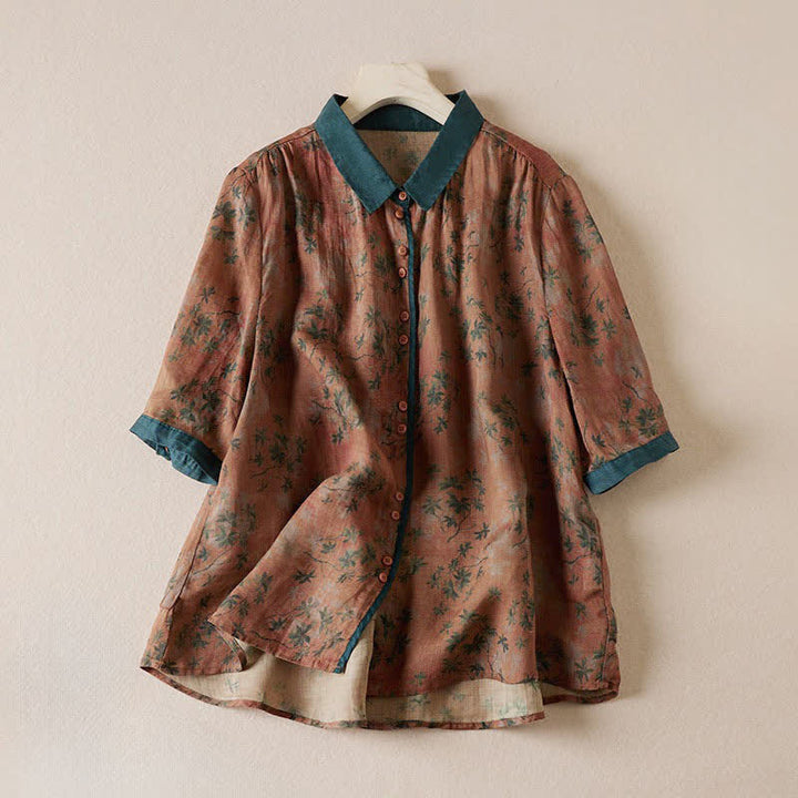 Buddha Stones Chemises à manches courtes boutonnées à imprimé floral style vintage pour femmes - Terre de sienne - US8-10，UK/AU12-14，EU40-42 (2XL) - image 6