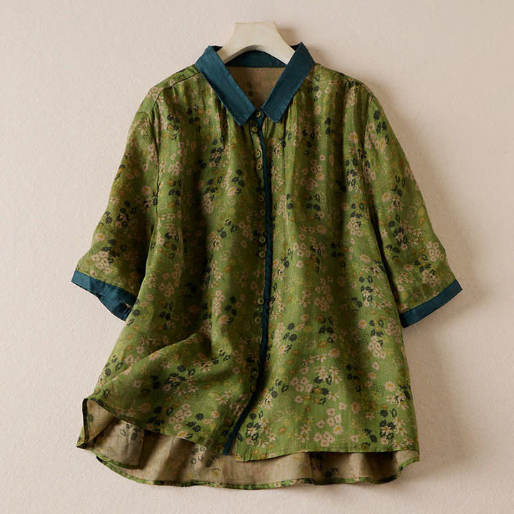 Buddha Stones Chemises à manches courtes boutonnées à imprimé floral style vintage pour femmes - Vert olive - US8-10，UK/AU12-14，EU40-42 (2XL) - image 0