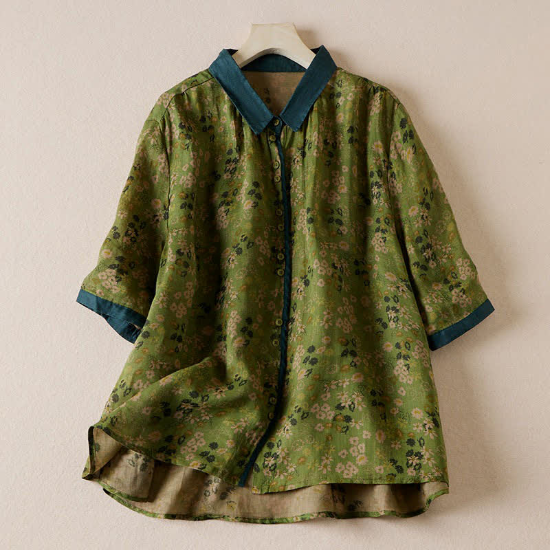 Buddha Stones Chemises à manches courtes boutonnées à imprimé floral style vintage pour femmes - Vert olive - US8-10，UK/AU12-14，EU40-42 (2XL) - image 0