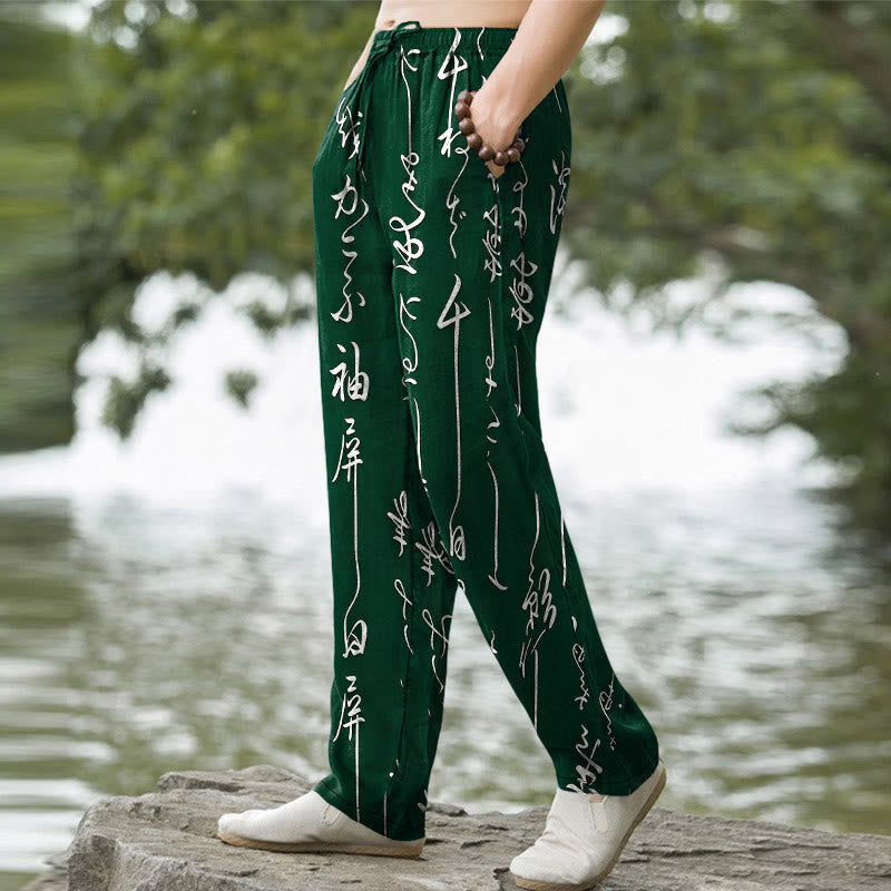 Buddha Stones Pantalon fuselé pour homme en coton blanc à motif calligraphique et poches - image 7