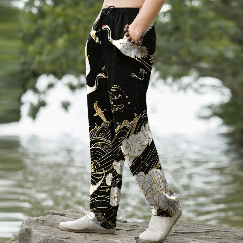Buddha Stones Pantalon fuselé pour homme en coton blanc à motif de vagues et grues, avec poches - image 1