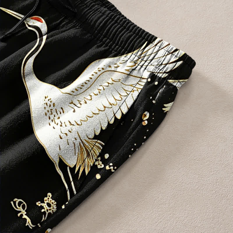 Buddha Stones Pantalon fuselé pour homme en coton blanc à motif de vagues et grues, avec poches - image 2