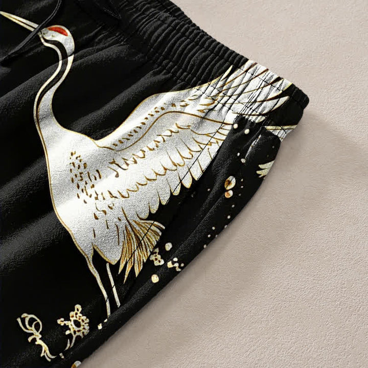 Buddha Stones Pantalon fuselé pour homme en coton blanc à motif de vagues et grues, avec poches - image 2