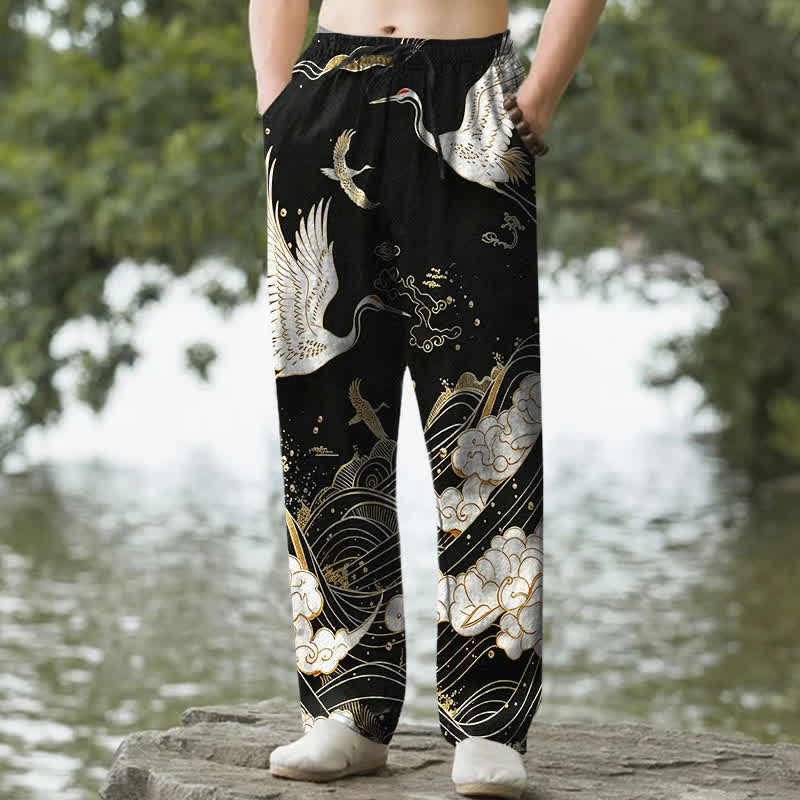 Buddha Stones Pantalon fuselé pour homme en coton blanc à motif de vagues et grues, avec poches - Noir - US/UK/AU50，EU60 (5XL) - image 0