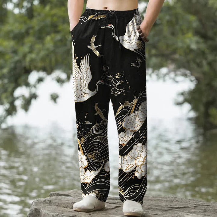 Buddha Stones Pantalon fuselé pour homme en coton blanc à motif de vagues et grues, avec poches - Noir - US/UK/AU50，EU60 (5XL) - image 0