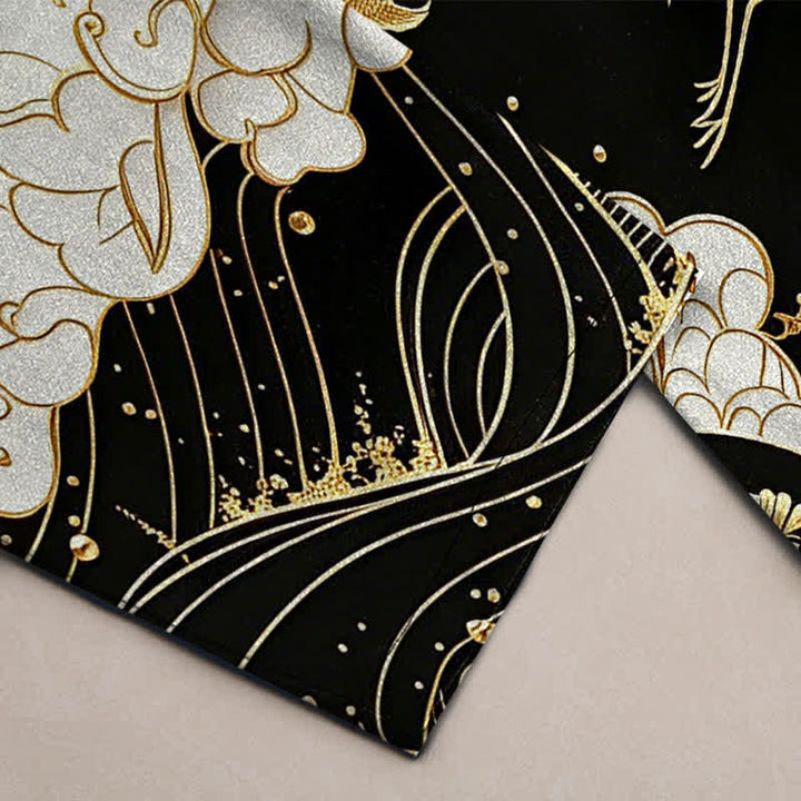 Buddha Stones Pantalon fuselé pour homme en coton blanc à motif de vagues et grues, avec poches - image 3