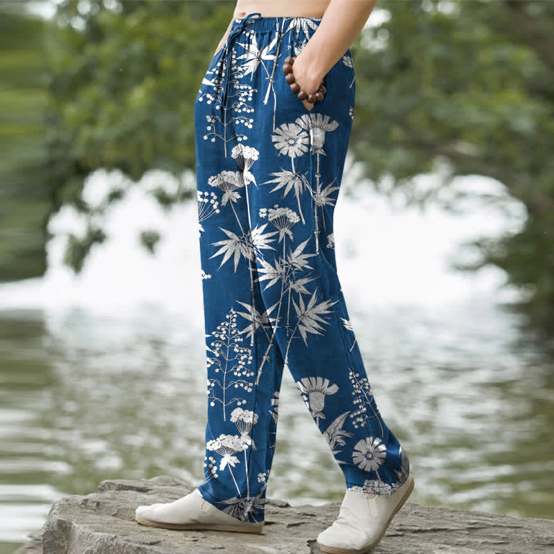 Buddha Stones Pantalon fuselé pour homme en coton à motif floral de feuilles de bambou, avec poches - image 1