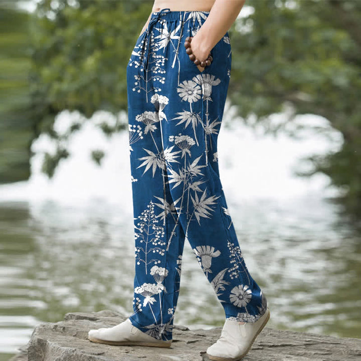 Buddha Stones Pantalon fuselé pour homme en coton à motif floral de feuilles de bambou, avec poches - image 1