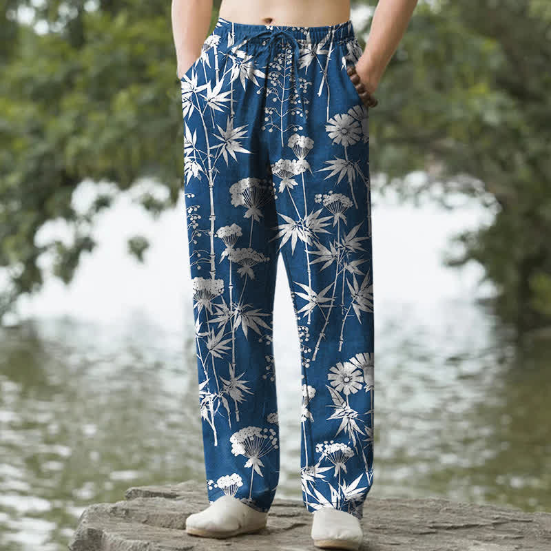 Buddha Stones Pantalon fuselé pour homme en coton à motif floral de feuilles de bambou, avec poches - Bleu royal - US/UK/AU50，EU60 (5XL) - image 0