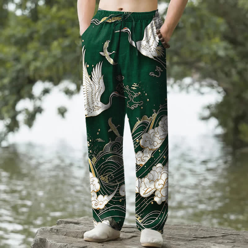 Buddha Stones Pantalon fuselé pour homme en coton blanc à motif de vagues et grues, avec poches - Vert forêt - US/UK/AU50，EU60 (5XL) - image 4