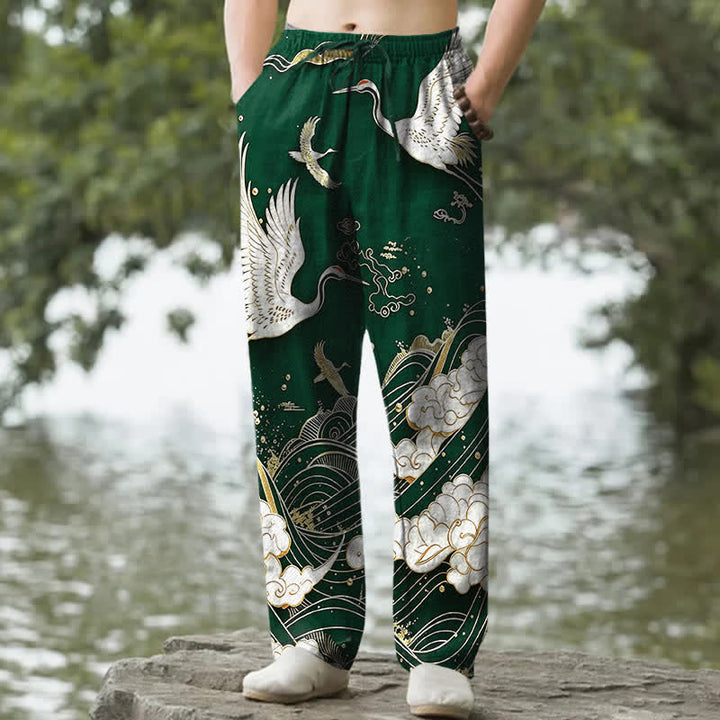 Buddha Stones Pantalon fuselé pour homme en coton blanc à motif de vagues et grues, avec poches - Vert forêt - US/UK/AU50，EU60 (5XL) - image 4
