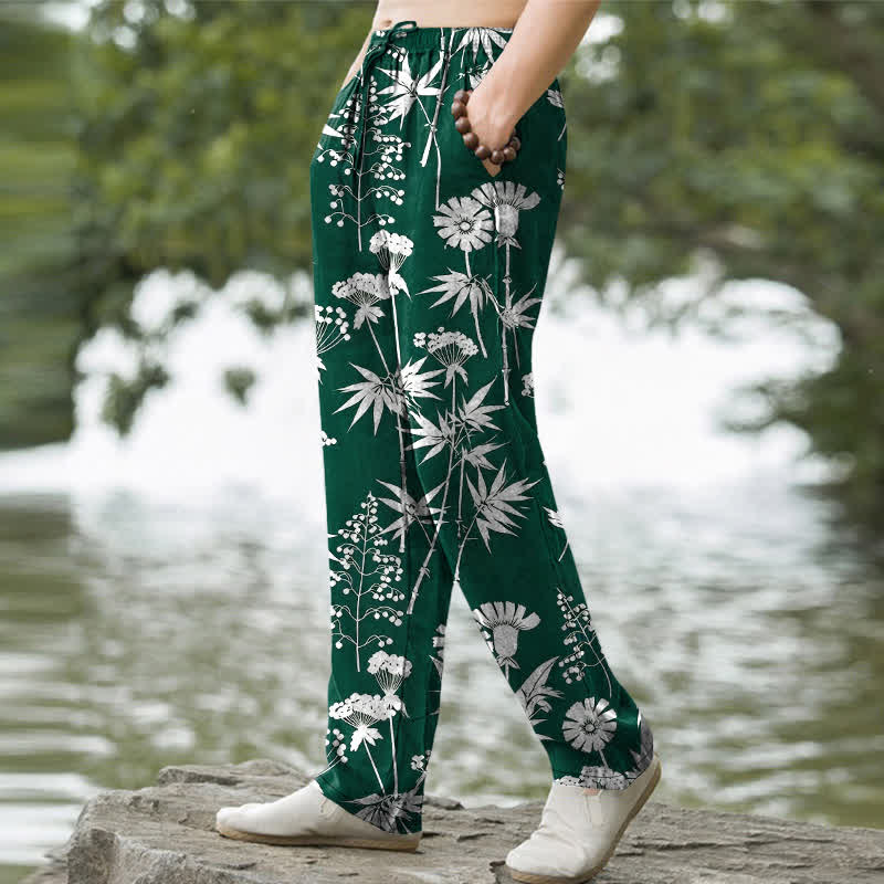 Buddha Stones Pantalon fuselé pour homme en coton à motif floral de feuilles de bambou, avec poches - image 5