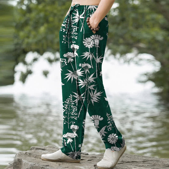 Buddha Stones Pantalon fuselé pour homme en coton à motif floral de feuilles de bambou, avec poches - image 5