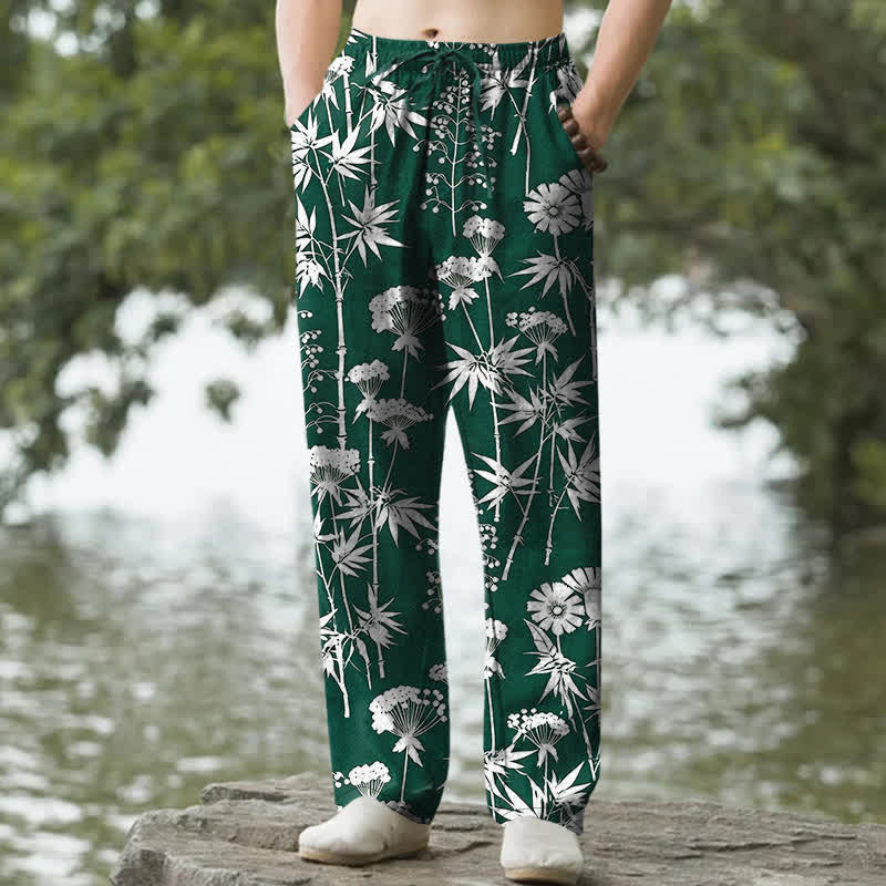 Buddha Stones Pantalon fuselé pour homme en coton à motif floral de feuilles de bambou, avec poches - Vert forêt - US/UK/AU50，EU60 (5XL) - image 4