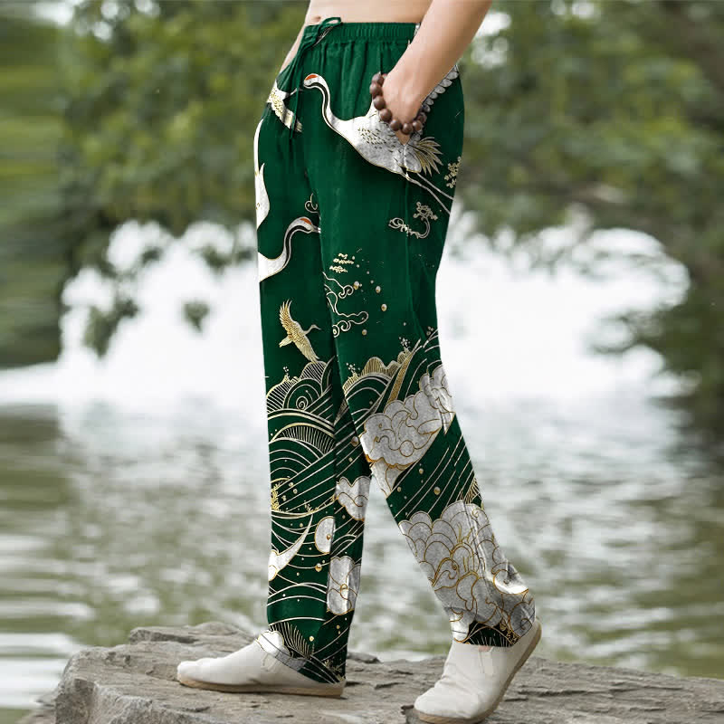 Buddha Stones Pantalon fuselé pour homme en coton blanc à motif de vagues et grues, avec poches - image 5