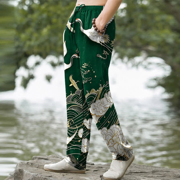 Buddha Stones Pantalon fuselé pour homme en coton blanc à motif de vagues et grues, avec poches - image 5
