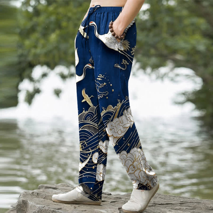 Buddha Stones Pantalon fuselé pour homme en coton blanc à motif de vagues et grues, avec poches - image 7