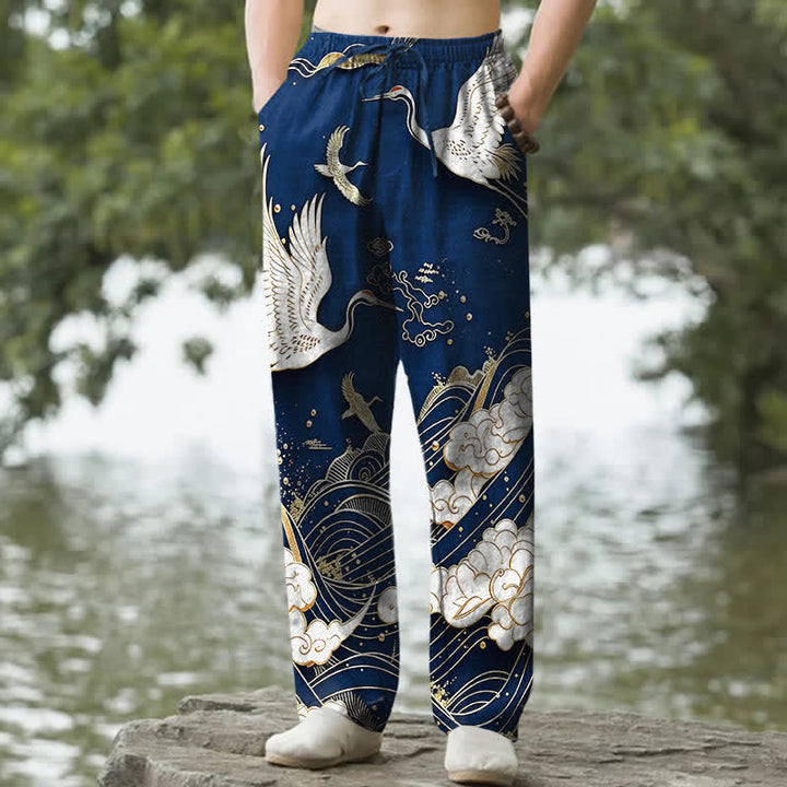 Buddha Stones Pantalon fuselé pour homme en coton blanc à motif de vagues et grues, avec poches - Marine - US/UK/AU50，EU60 (5XL) - image 6