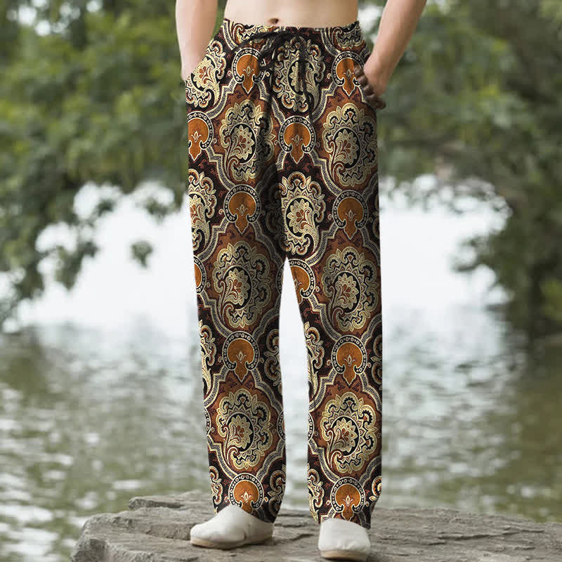 Buddha Stones Pantalon fuselé pour homme en coton à motif géométrique mandala et cachemire, avec poches - Terre de sienne - US/UK/AU50，EU60 (5XL) - image 0