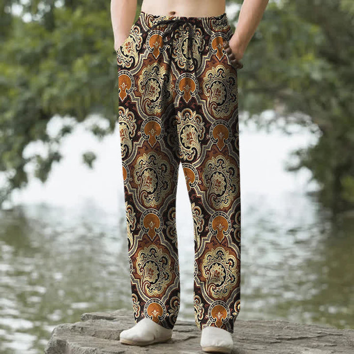 Buddha Stones Pantalon fuselé pour homme en coton à motif géométrique mandala et cachemire, avec poches - Terre de sienne - US/UK/AU50，EU60 (5XL) - image 0
