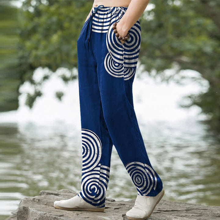 Buddha Stones Pantalon fuselé pour homme en pur coton, motif cercles concentriques, avec poches - image 1