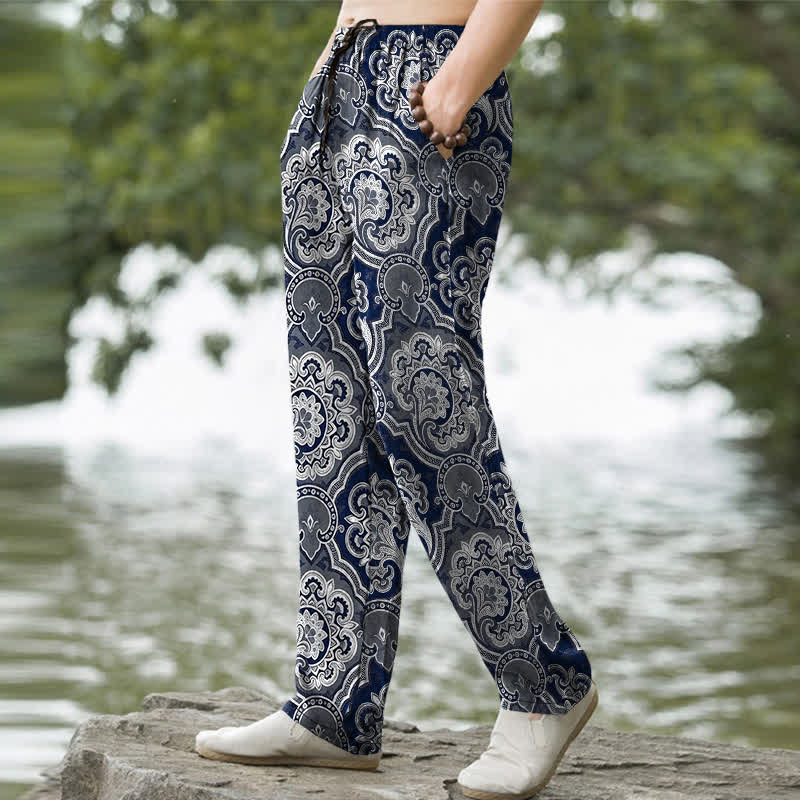 Buddha Stones Pantalon fuselé pour homme en coton à motif géométrique mandala et cachemire, avec poches - image 5