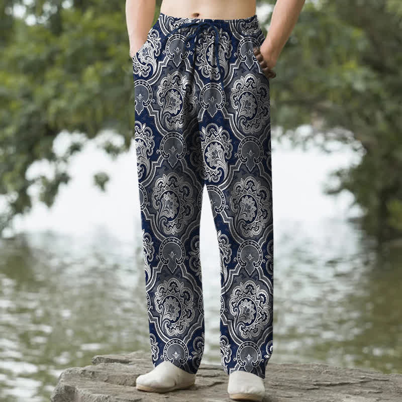 Buddha Stones Pantalon fuselé pour homme en coton à motif géométrique mandala et cachemire, avec poches - Marine - US/UK/AU50，EU60 (5XL) - image 4