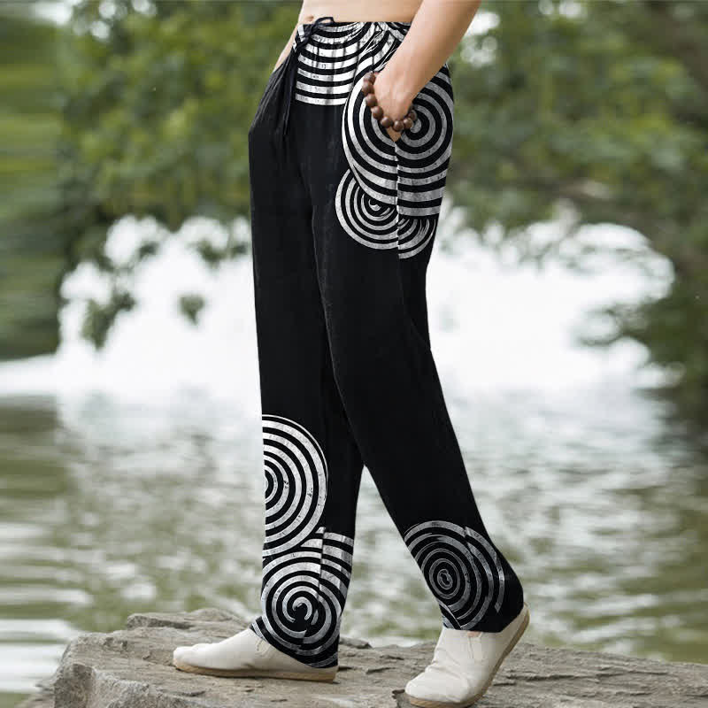 Buddha Stones Pantalon fuselé pour homme en pur coton, motif cercles concentriques, avec poches - image 5