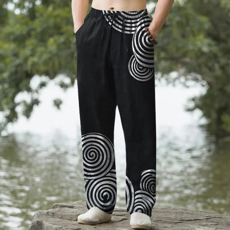 Buddha Stones Pantalon fuselé pour homme en pur coton, motif cercles concentriques, avec poches - Noir - US/UK/AU50，EU60 (5XL) - image 4