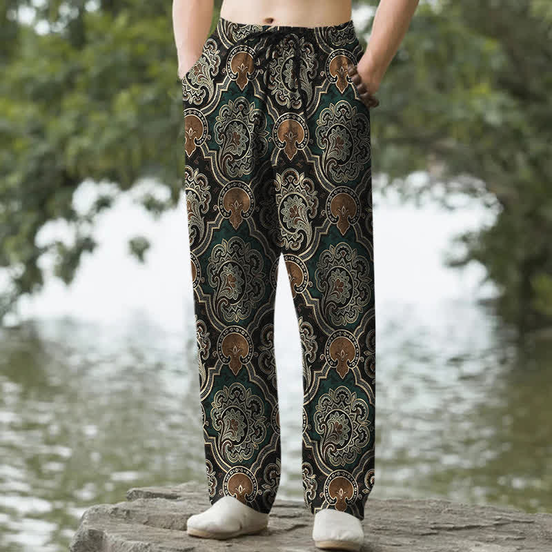 Buddha Stones Pantalon fuselé pour homme en coton à motif géométrique mandala et cachemire, avec poches - Vert foncé - US/UK/AU50，EU60 (5XL) - image 6