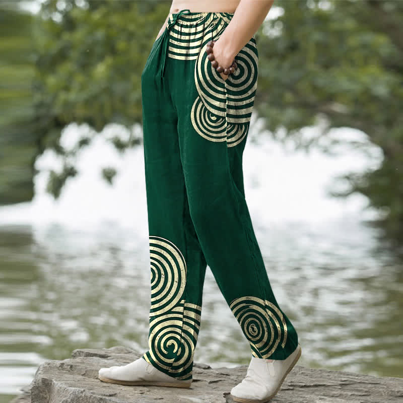 Buddha Stones Pantalon fuselé pour homme en pur coton, motif cercles concentriques, avec poches - image 7