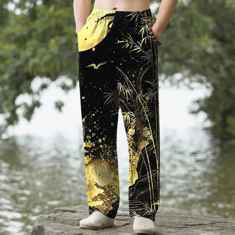Buddha Stones Pantalon fuselé pour homme en coton à motif bambou et lune dorée, avec poches - Noir - US/UK/AU50，EU60 (5XL) - image 0