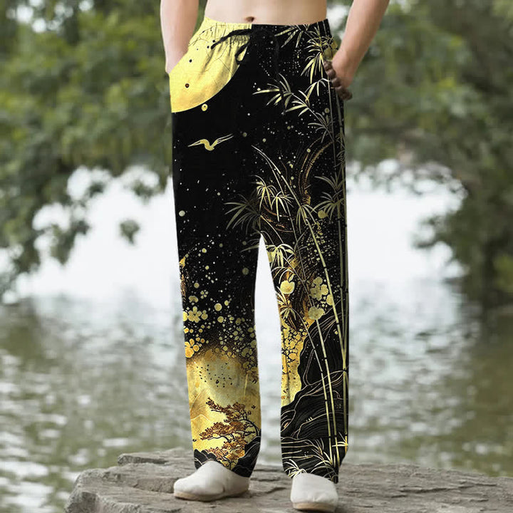 Buddha Stones Pantalon fuselé pour homme en coton à motif bambou et lune dorée, avec poches - Noir - US/UK/AU50，EU60 (5XL) - image 0