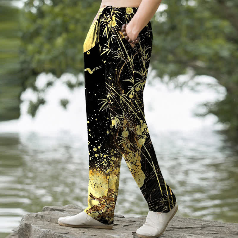 Buddha Stones Pantalon fuselé pour homme en coton à motif bambou et lune dorée, avec poches - image 1