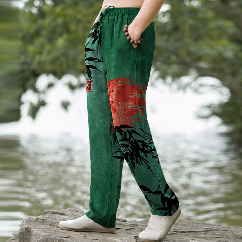 Buddha Stones Pantalon fuselé pour homme avec poches, imprimé bambou et soleil, en coton encre - image 1