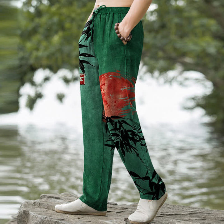 Buddha Stones Pantalon fuselé pour homme avec poches, imprimé bambou et soleil, en coton encre - image 1