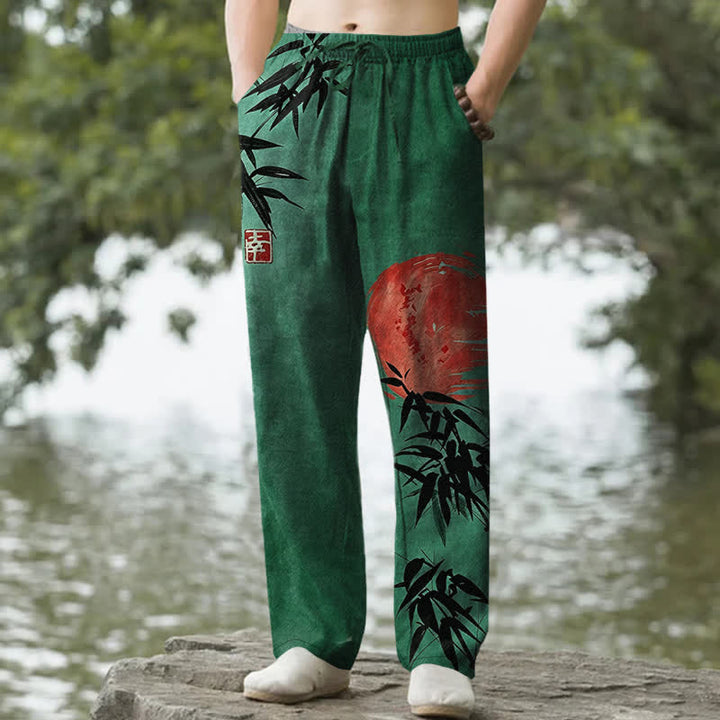 Buddha Stones Pantalon fuselé pour homme avec poches, imprimé bambou et soleil, en coton encre - Vert forêt - US/UK/AU50，EU60 (5XL) - image 0