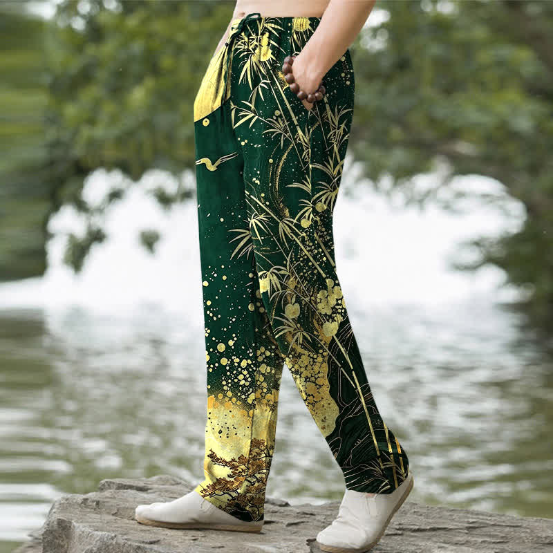 Buddha Stones Pantalon fuselé pour homme en coton à motif bambou et lune dorée, avec poches - image 5