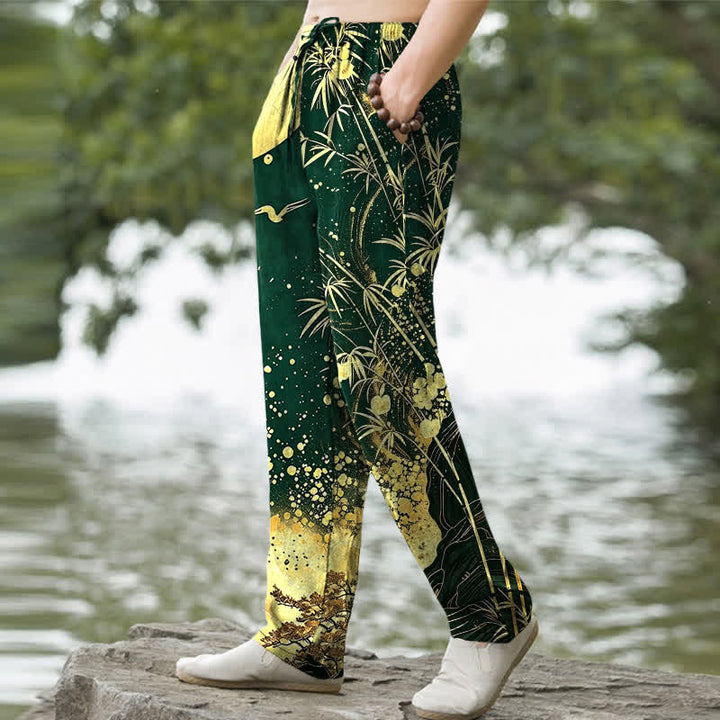 Buddha Stones Pantalon fuselé pour homme en coton à motif bambou et lune dorée, avec poches - image 5