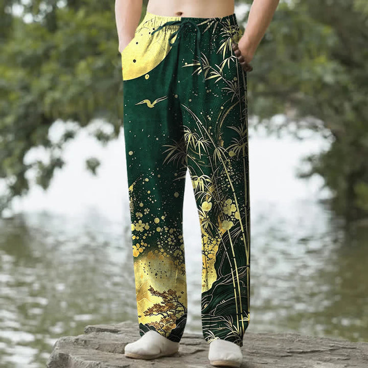 Buddha Stones Pantalon fuselé pour homme en coton à motif bambou et lune dorée, avec poches - Vert forêt - US/UK/AU50，EU60 (5XL) - image 4