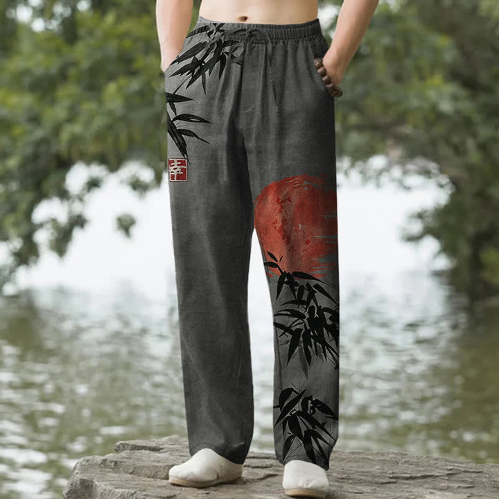 Buddha Stones Pantalon fuselé pour homme avec poches, imprimé bambou et soleil, en coton encre - Gris sombre - US/UK/AU50，EU60 (5XL) - image 4