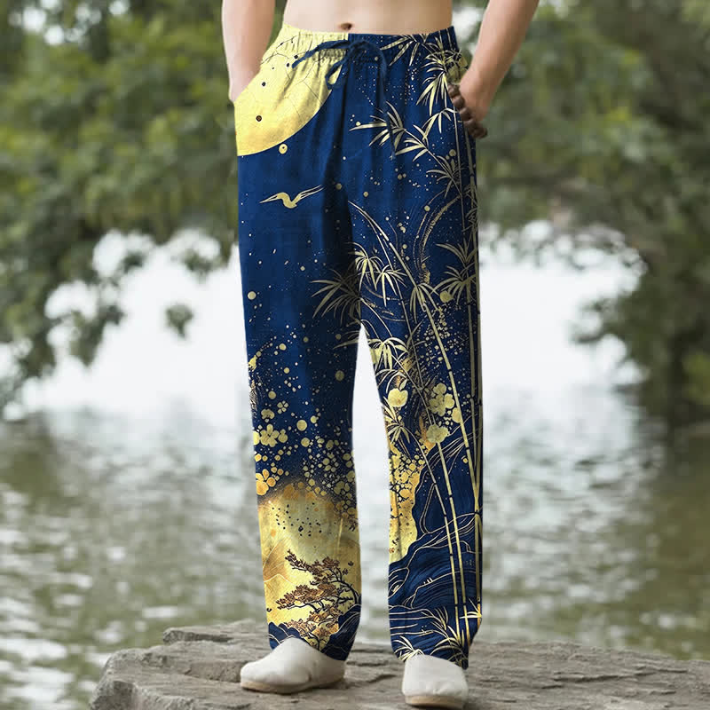 Buddha Stones Pantalon fuselé pour homme en coton à motif bambou et lune dorée, avec poches - Marine - US/UK/AU50，EU60 (5XL) - image 6