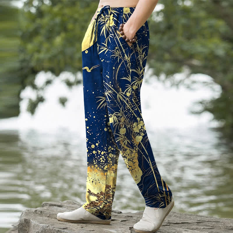 Buddha Stones Pantalon fuselé pour homme en coton à motif bambou et lune dorée, avec poches - image 7