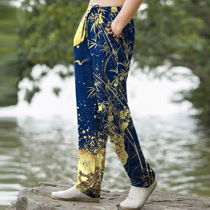 Buddha Stones Pantalon fuselé pour homme en coton à motif bambou et lune dorée, avec poches - image 7