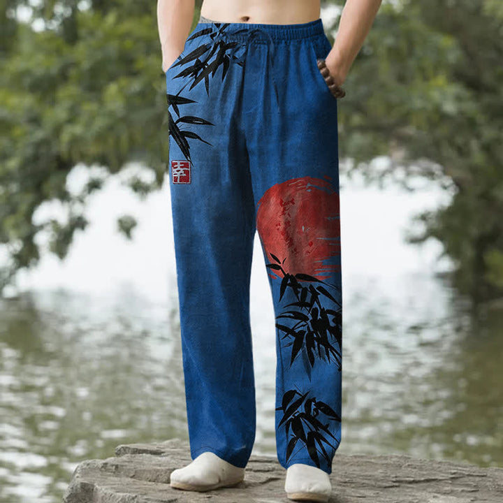 Buddha Stones Pantalon fuselé pour homme avec poches, imprimé bambou et soleil, en coton encre - Bleu royal - US/UK/AU50，EU60 (5XL) - image 6