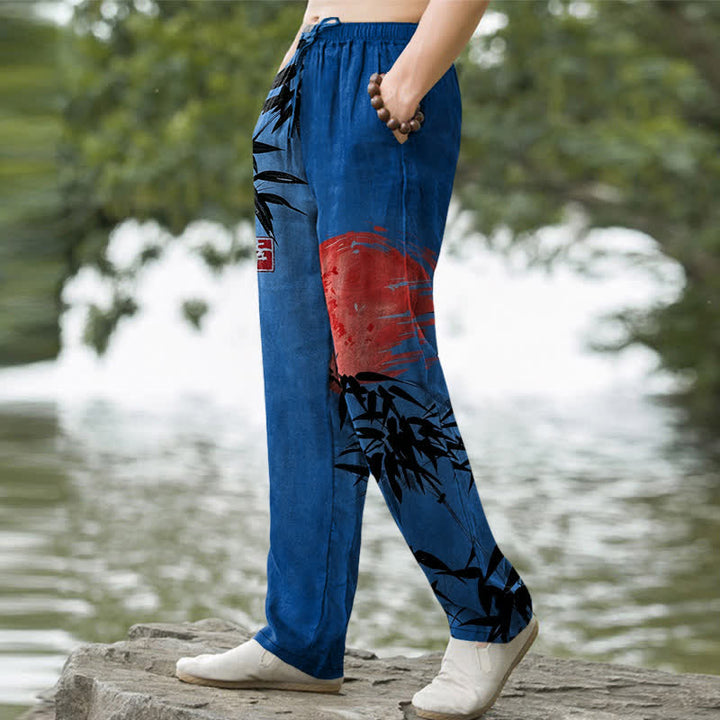 Buddha Stones Pantalon fuselé pour homme avec poches, imprimé bambou et soleil, en coton encre - image 7