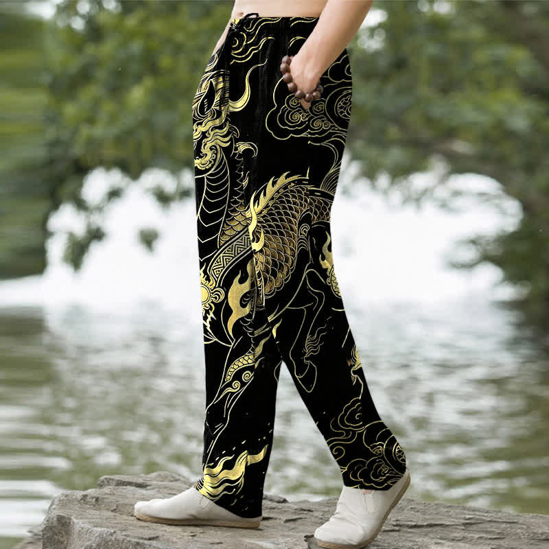 Buddha Stones Pantalon fuselé pour homme en coton à motif de nuages ​​porte-bonheur et dragon doré, avec poches - image 1