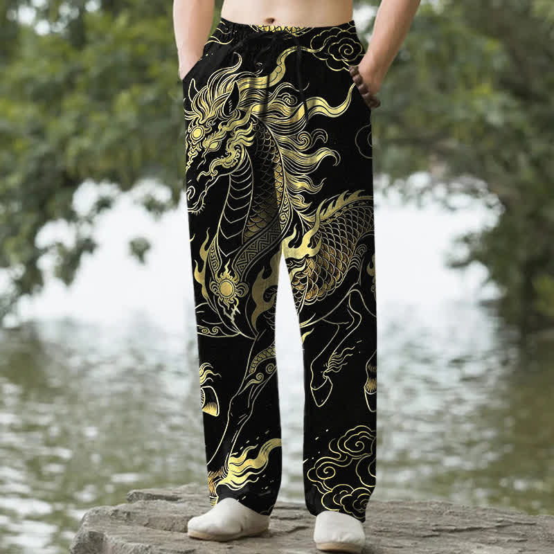 Buddha Stones Pantalon fuselé pour homme en coton à motif de nuages ​​porte-bonheur et dragon doré, avec poches - Noir - US/UK/AU50，EU60 (5XL) - image 0