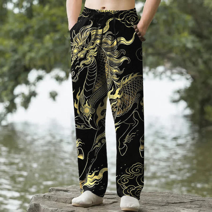Buddha Stones Pantalon fuselé pour homme en coton à motif de nuages ​​porte-bonheur et dragon doré, avec poches - Noir - US/UK/AU50，EU60 (5XL) - image 0